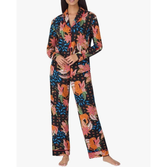 Room Service Pajamas 2 Pc Set Womens L Colorful Tiger Jungle Pockets Top Bottoms - Picture 1 of 14